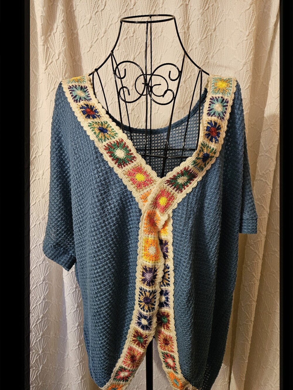 Boho Crochet-Trim Blue Knit Women's Sweater